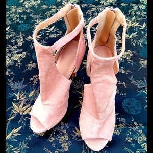 Baby Pink Suede Peep Toe High Heels